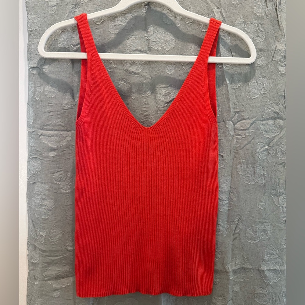 Mango Red Ribbed V-Neck Tank Top